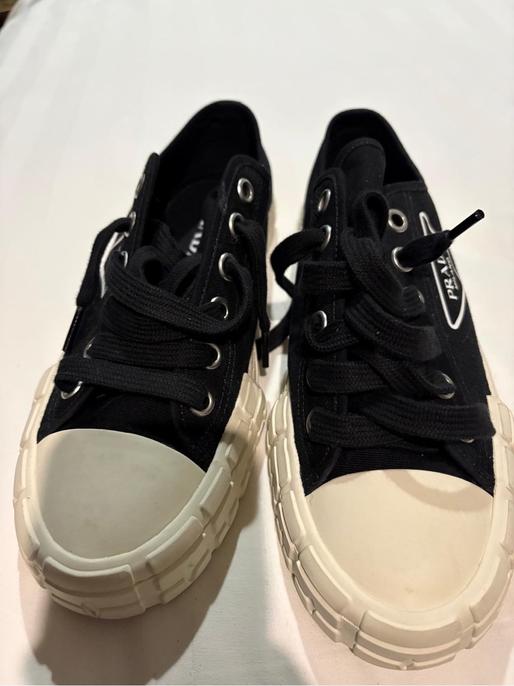 Prada Black Canvas Low-Top Sneakers with Cream Rubber Toe and Sole